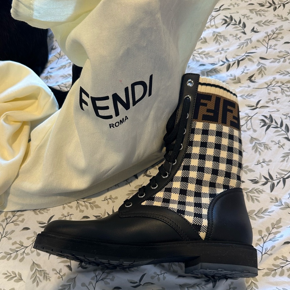 Fendi Black and Cream Checkered Lace-Up Boots